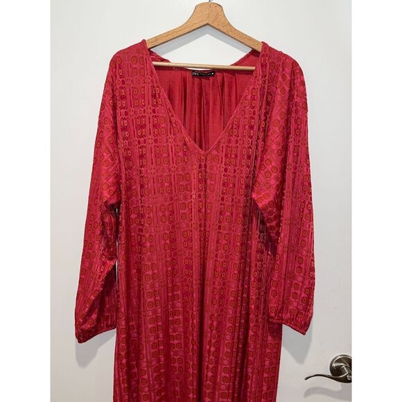 Zara Red Long Sleeve V-Neck 70's Retro Print midi Dress Women's Size M - Picture 2 of 9